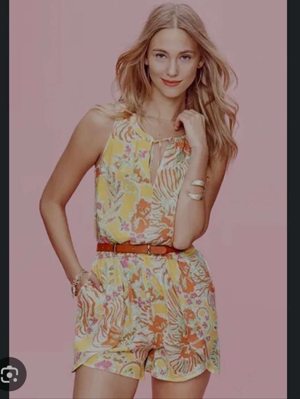 Lilly Pulitzer for Target Yellow Floral Challis Romper with Orange Accents Small